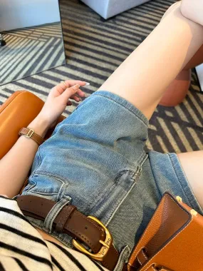 A feast for long legs! ~Four-way stretch high-waisted denim shorts for women 2024 new summer slimming a-line wide-leg versatile 