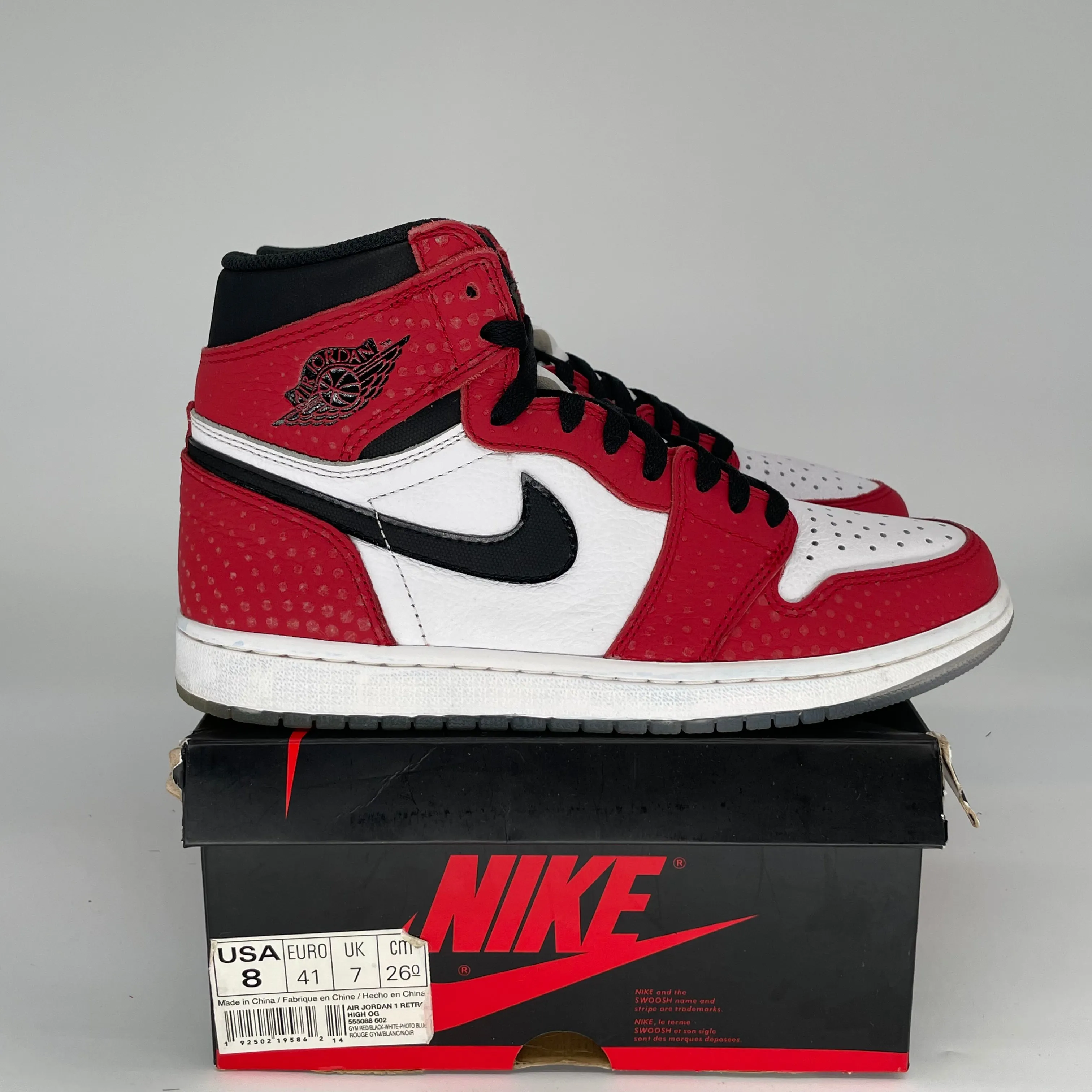 AIR JORDAN 1 SPIDER MAN ORIGIN STORY SIZE 8/9.5W 555088-602