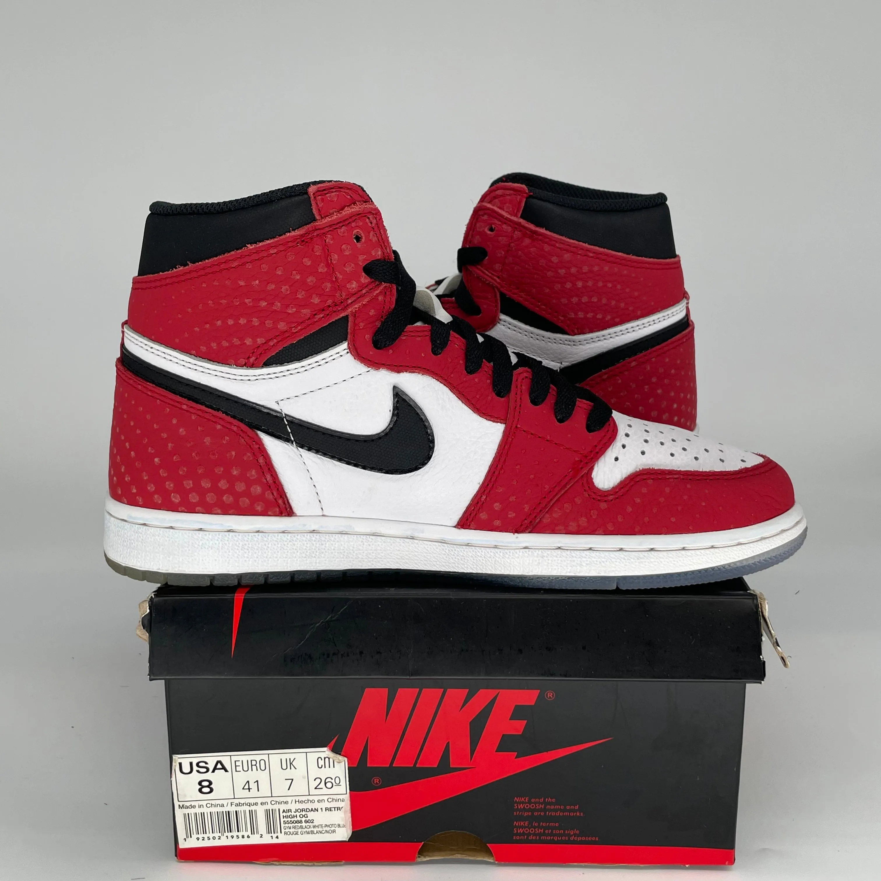 AIR JORDAN 1 SPIDER MAN ORIGIN STORY SIZE 8/9.5W 555088-602