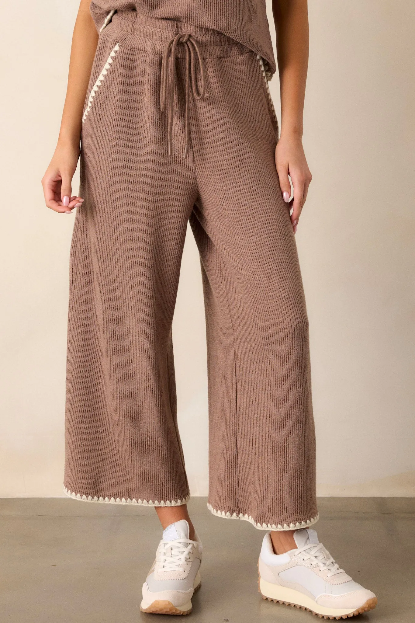 Anytime Now Mocha Blanket Stitch Wide Leg Pants