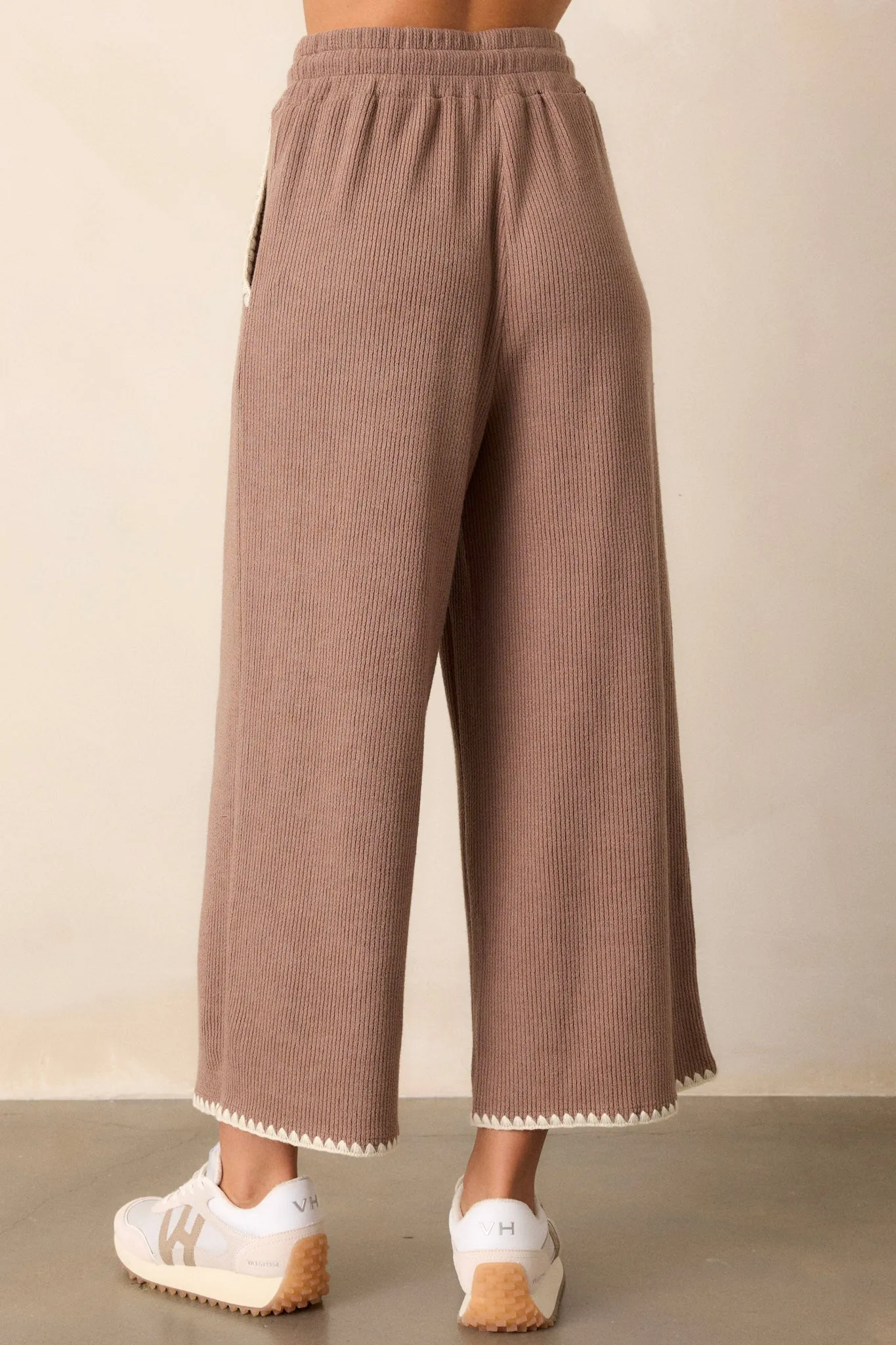 Anytime Now Mocha Blanket Stitch Wide Leg Pants