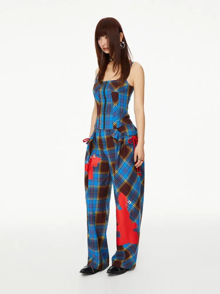 Checked Retro Girly Rabbit Silhouette Wide-Leg Nichi Casual Pants