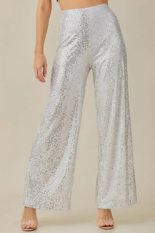 Dominique Wide Leg Sequin Pants - White