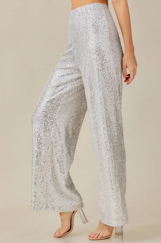 Dominique Wide Leg Sequin Pants - White