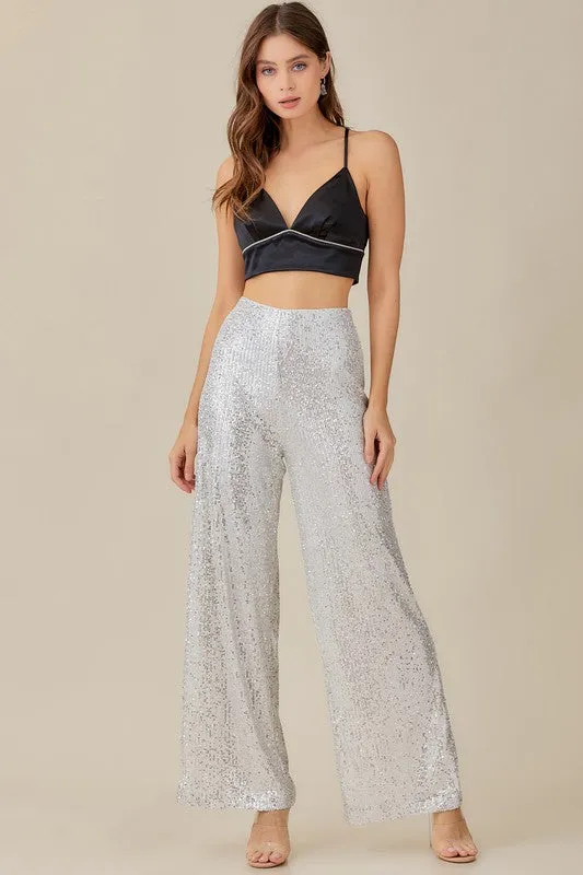 Dominique Wide Leg Sequin Pants - White