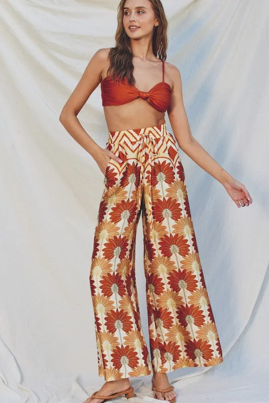 Drusilla Leaf Print Kimono & Wide Leg Pants Set - Rust