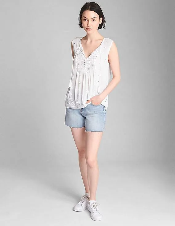 GAP Women White Sleeveless Eyelet Smock Top