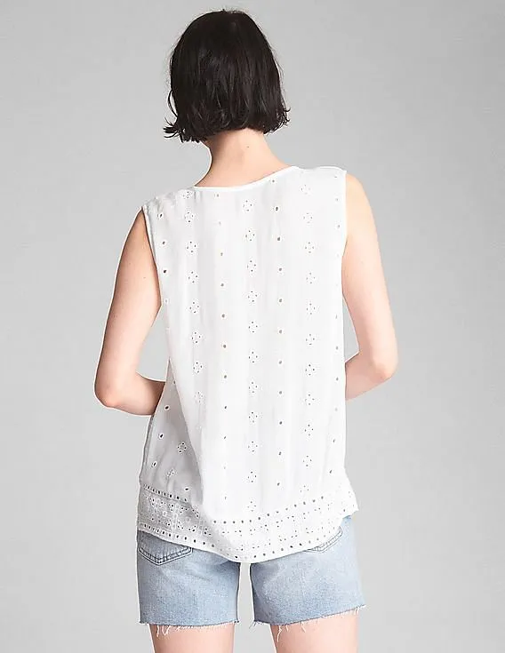 GAP Women White Sleeveless Eyelet Smock Top