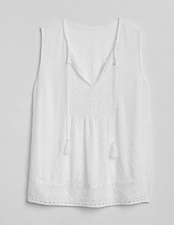 GAP Women White Sleeveless Eyelet Smock Top