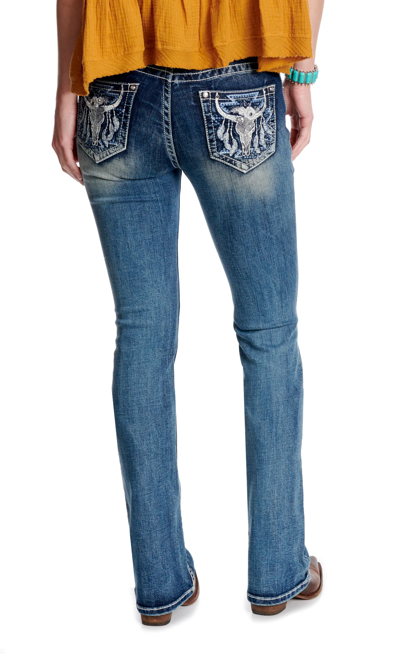 Grace in L.A. Women's Dark Wash Bling Steer & Feathers Easy Fit Jeans