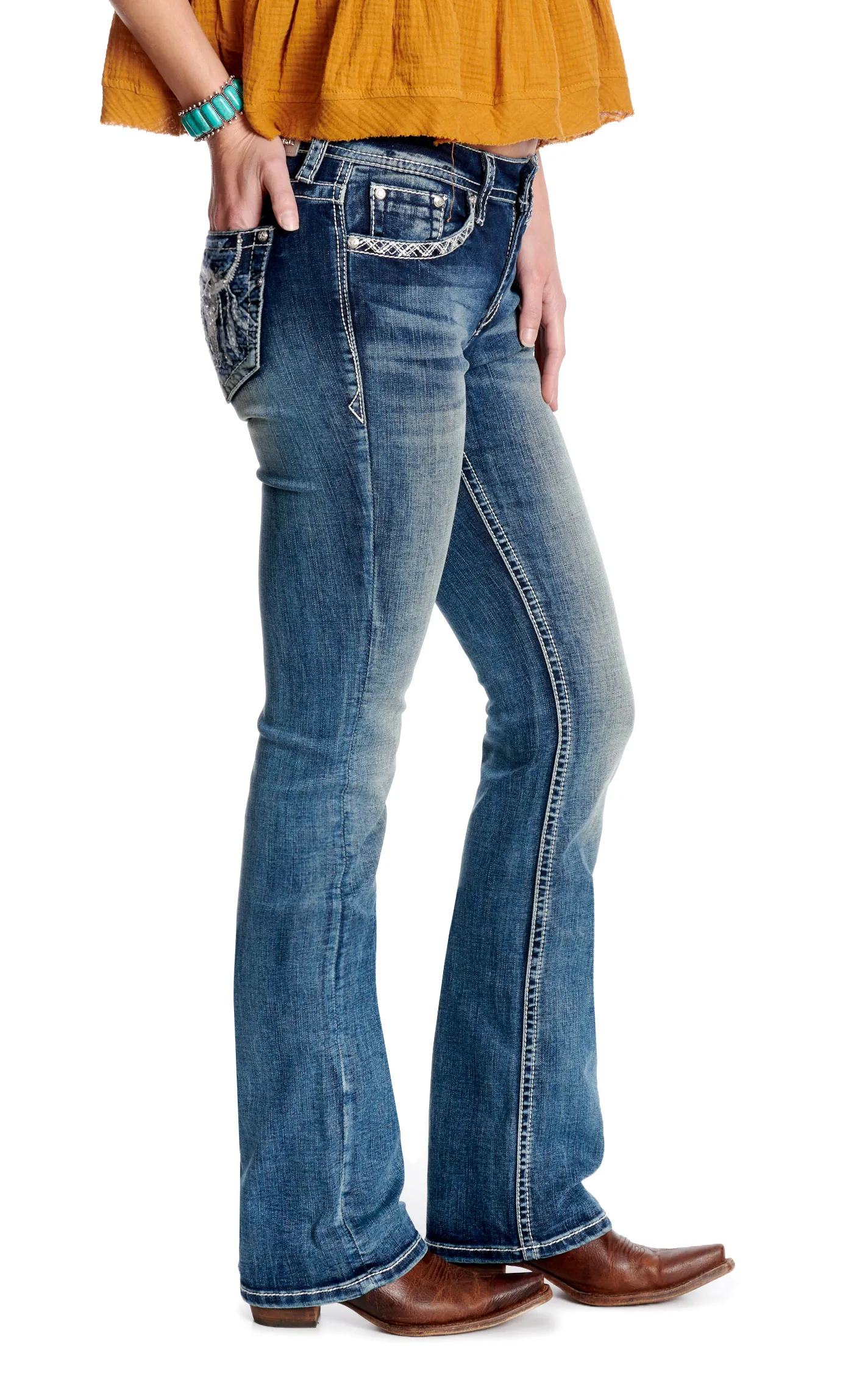 Grace in L.A. Women's Dark Wash Bling Steer & Feathers Easy Fit Jeans