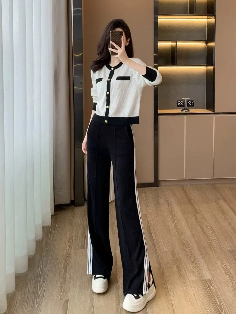 High-end knitted casual fashion suit for women in spring and autumn, slimming and age-reducing sports wide-leg pants two-piece s