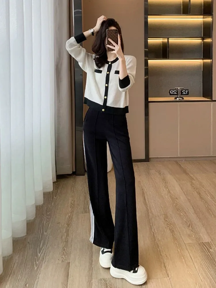 High-end knitted casual fashion suit for women in spring and autumn, slimming and age-reducing sports wide-leg pants two-piece s