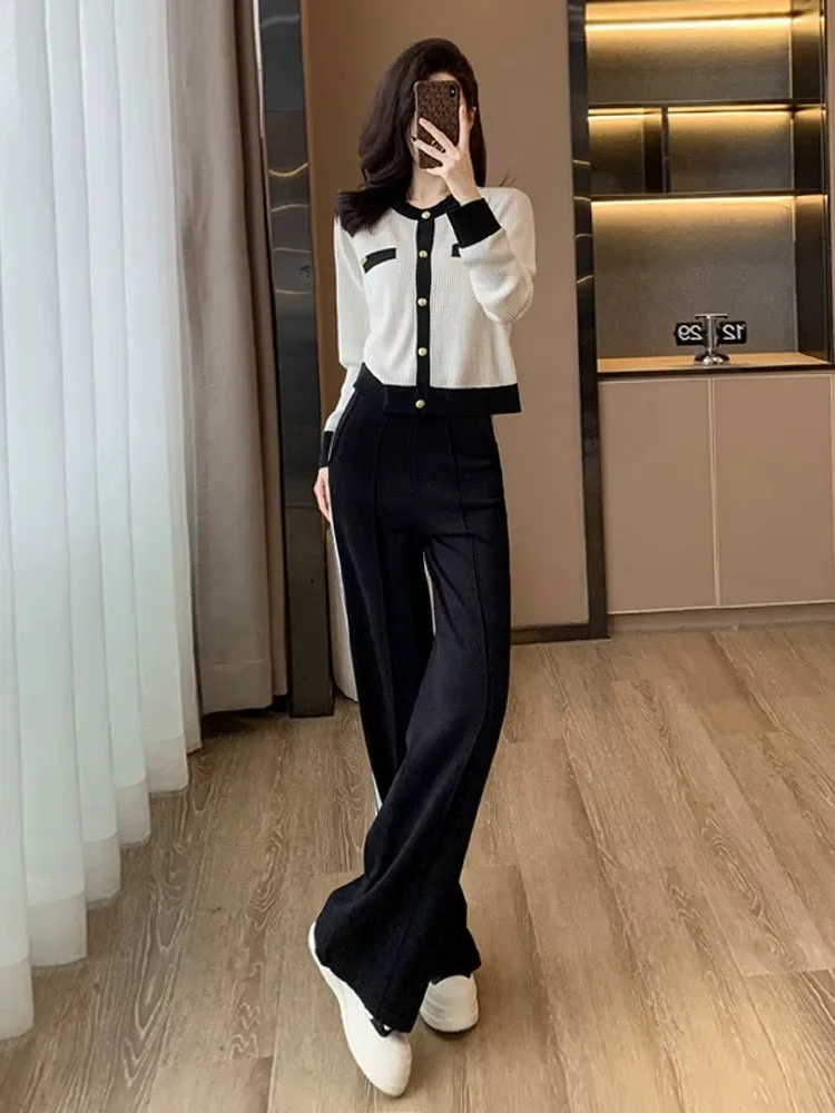 High-end knitted casual fashion suit for women in spring and autumn, slimming and age-reducing sports wide-leg pants two-piece s