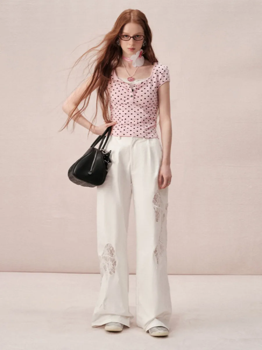 Lace Ribbon Cute Nichi Loose Wide-Pants