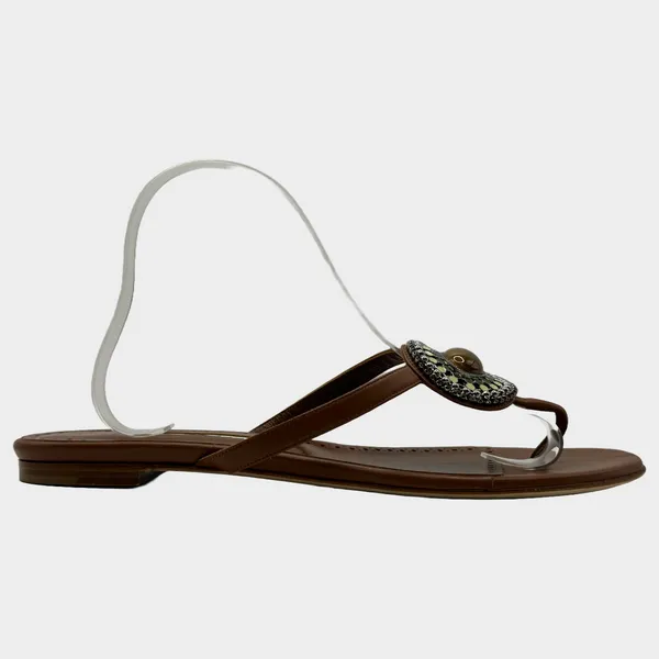 MANOLO BLAHNIK brown leather pendant flat sandals