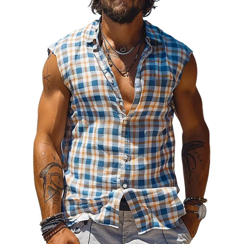 Men's Casual Aquaman Plaid Sleeveless Lapel Tank Top 07741703TO