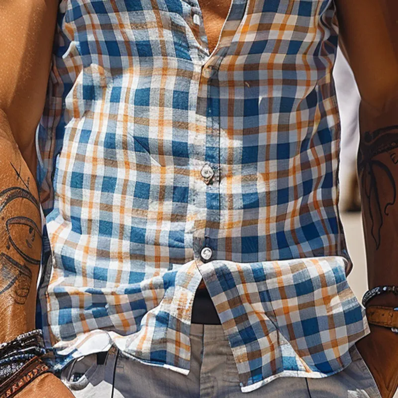 Men's Casual Aquaman Plaid Sleeveless Lapel Tank Top 07741703TO