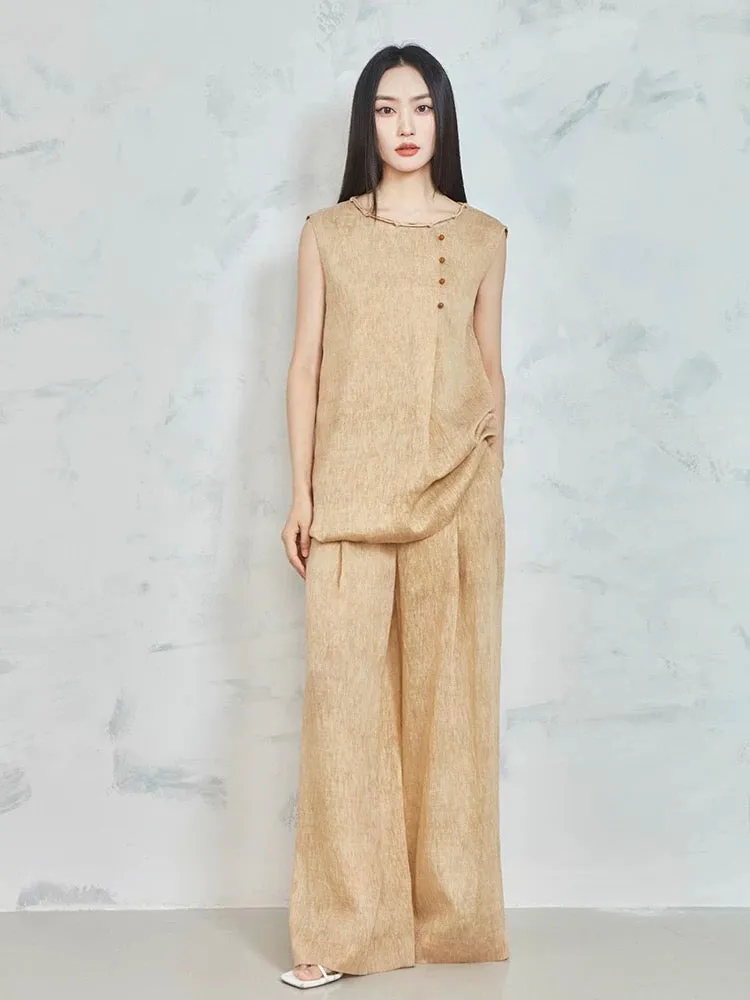 MOVE BY Retro high-end new Chinese style Tencel linen suit for women in summer elegant drapey wide-leg pants