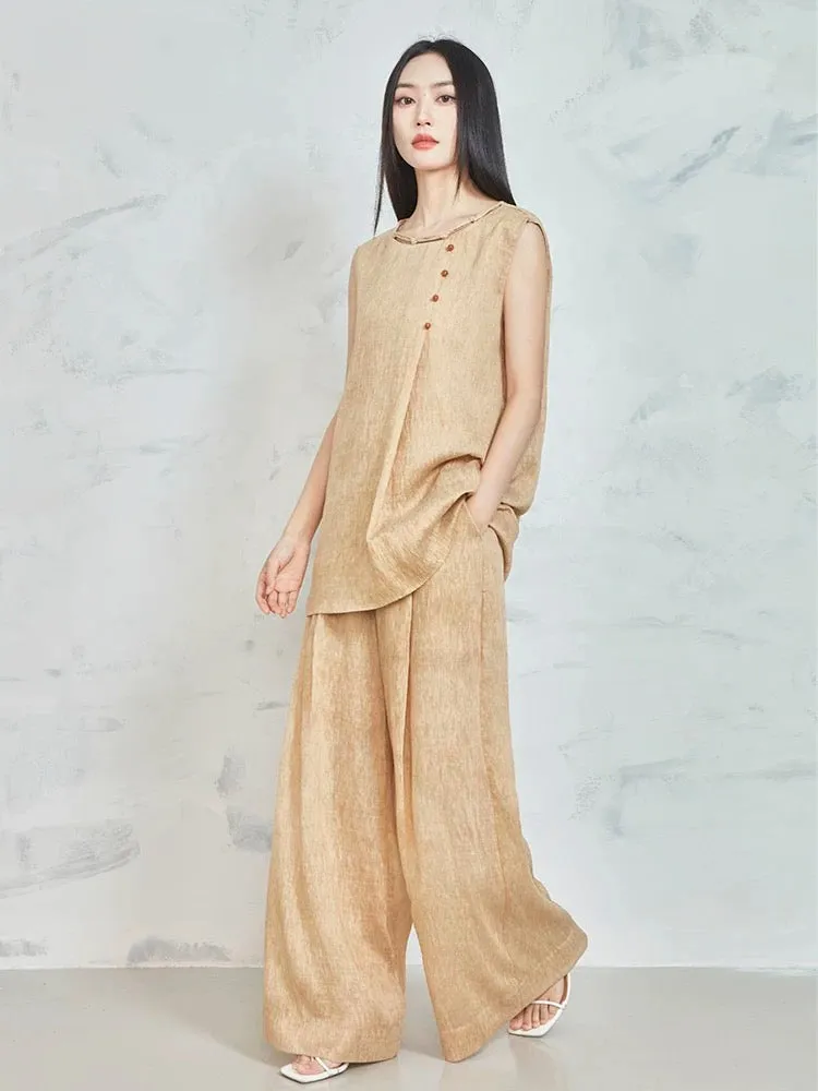 MOVE BY Retro high-end new Chinese style Tencel linen suit for women in summer elegant drapey wide-leg pants