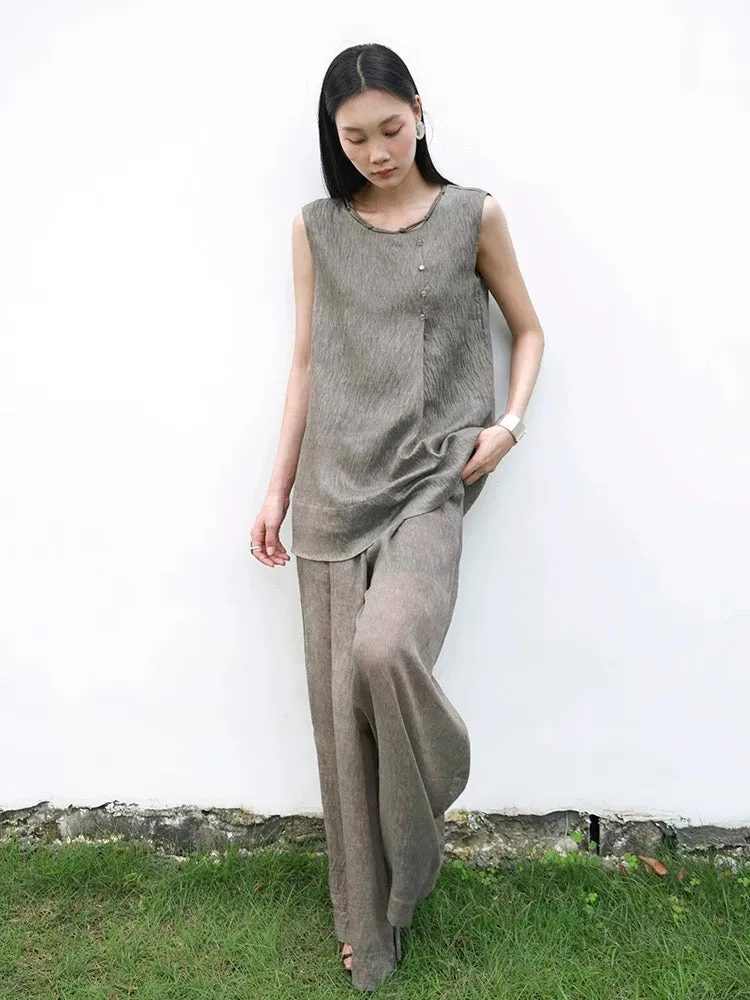 MOVE BY Retro high-end new Chinese style Tencel linen suit for women in summer elegant drapey wide-leg pants