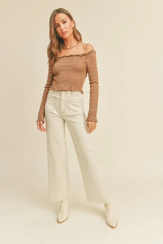 Patricia Front Pocket Wide Leg Denim Pants - Washed Beige