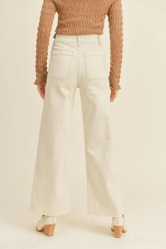 Patricia Front Pocket Wide Leg Denim Pants - Washed Beige