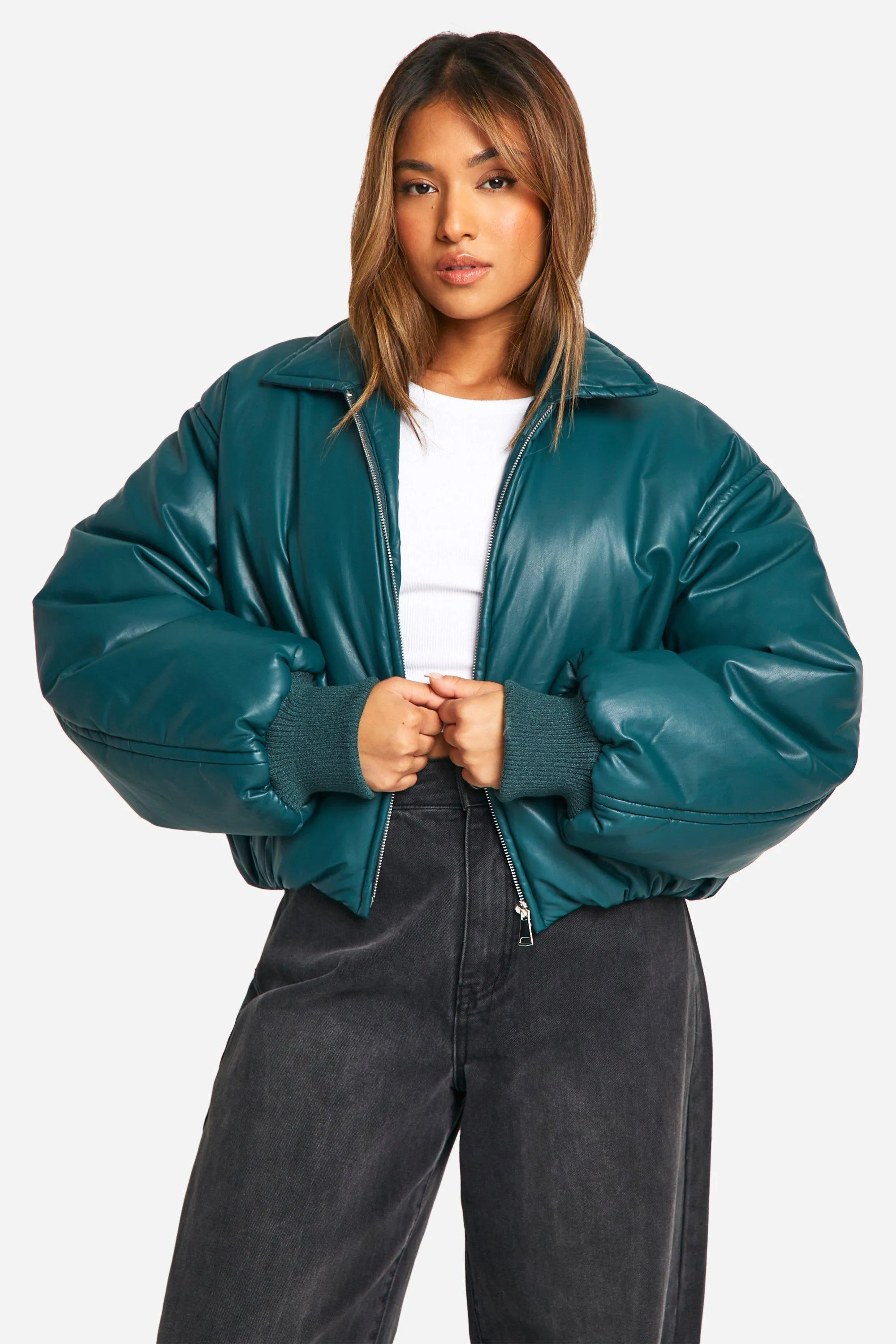 Petite Padded Faux Leather Bomber Jacket