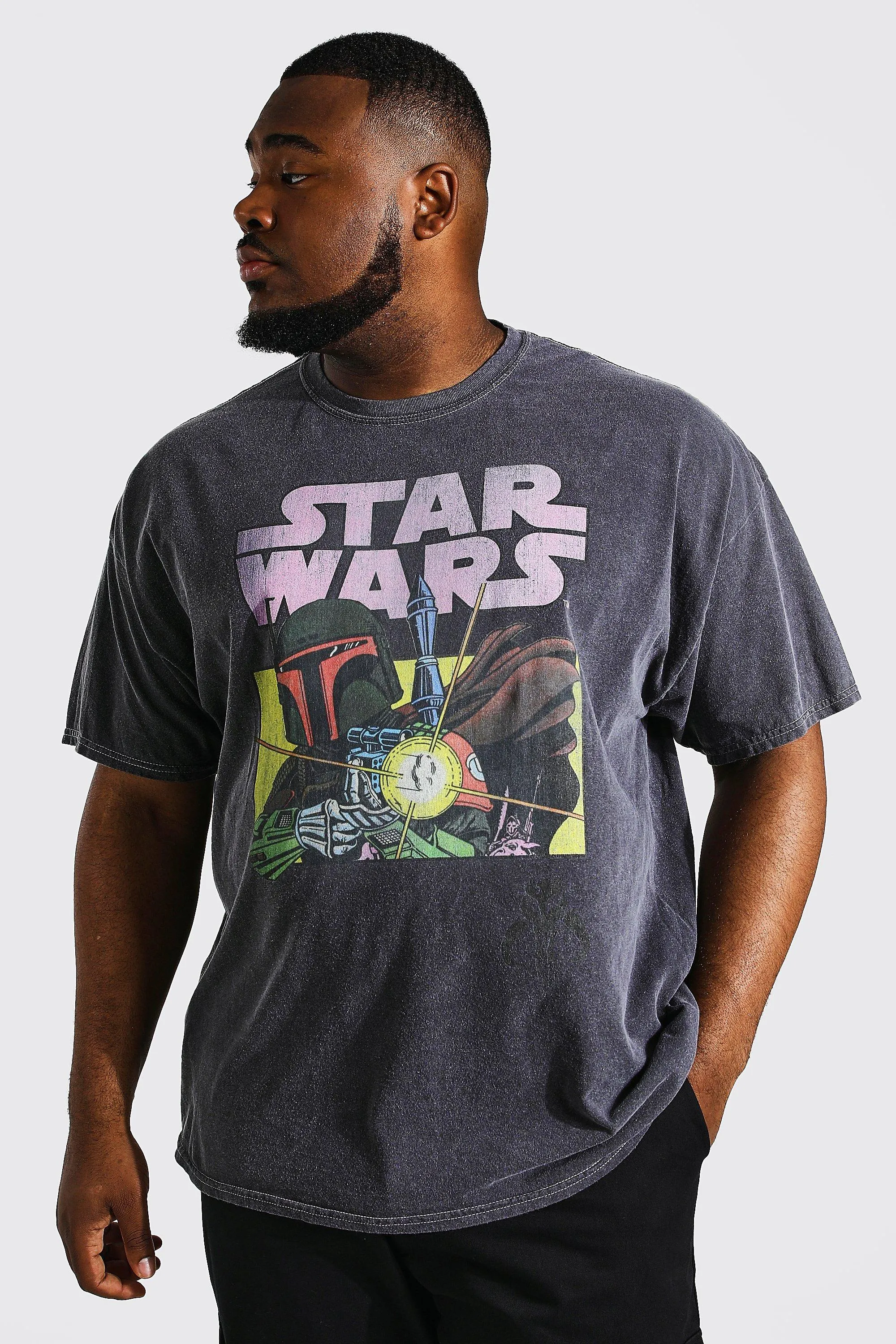 Plus Acid Wash Star Wars License T-shirt | boohooMAN UK