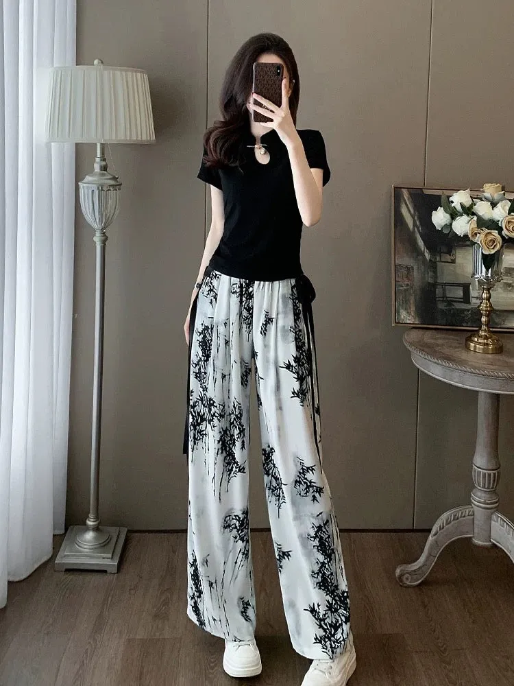 Short-sleeved sports casual suit for women, summer fashion, age-reducing internet celebrity, street style, chiffon wide-leg pant