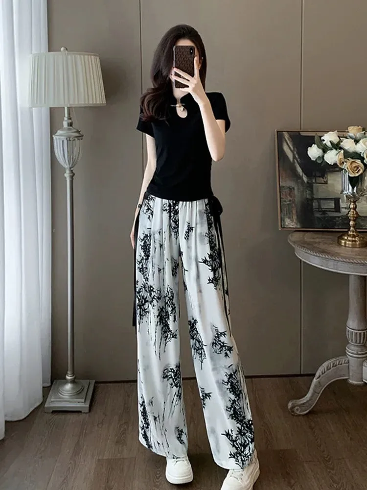 Short-sleeved sports casual suit for women, summer fashion, age-reducing internet celebrity, street style, chiffon wide-leg pant