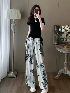 Short-sleeved sports casual suit for women, summer fashion, age-reducing internet celebrity, street style, chiffon wide-leg pant