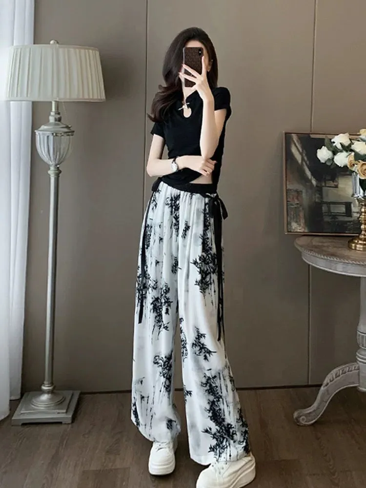 Short-sleeved sports casual suit for women, summer fashion, age-reducing internet celebrity, street style, chiffon wide-leg pant