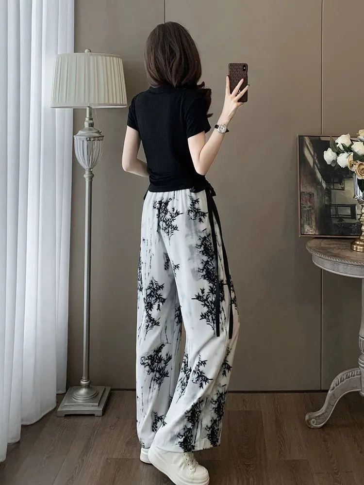 Short-sleeved sports casual suit for women, summer fashion, age-reducing internet celebrity, street style, chiffon wide-leg pant