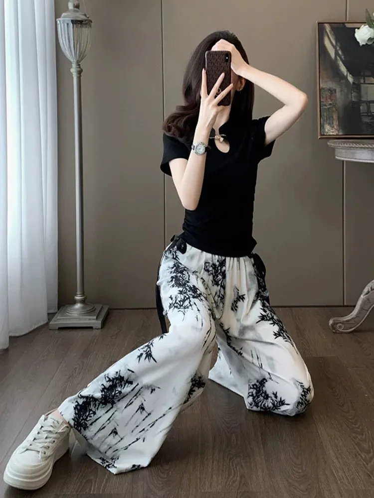 Short-sleeved sports casual suit for women, summer fashion, age-reducing internet celebrity, street style, chiffon wide-leg pant