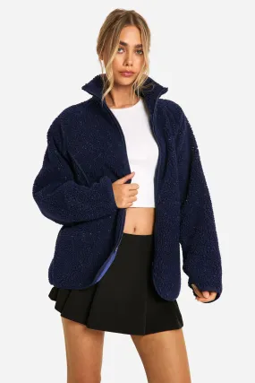 Textured Oversized Teddy Zip Up Jacket