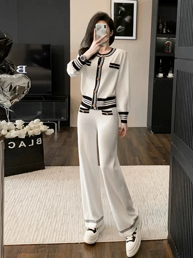 Xiaoxiangfeng knitted casual fashion suit for women, autumn style, age-reducing temperament, high-end sports wide-leg pants two-